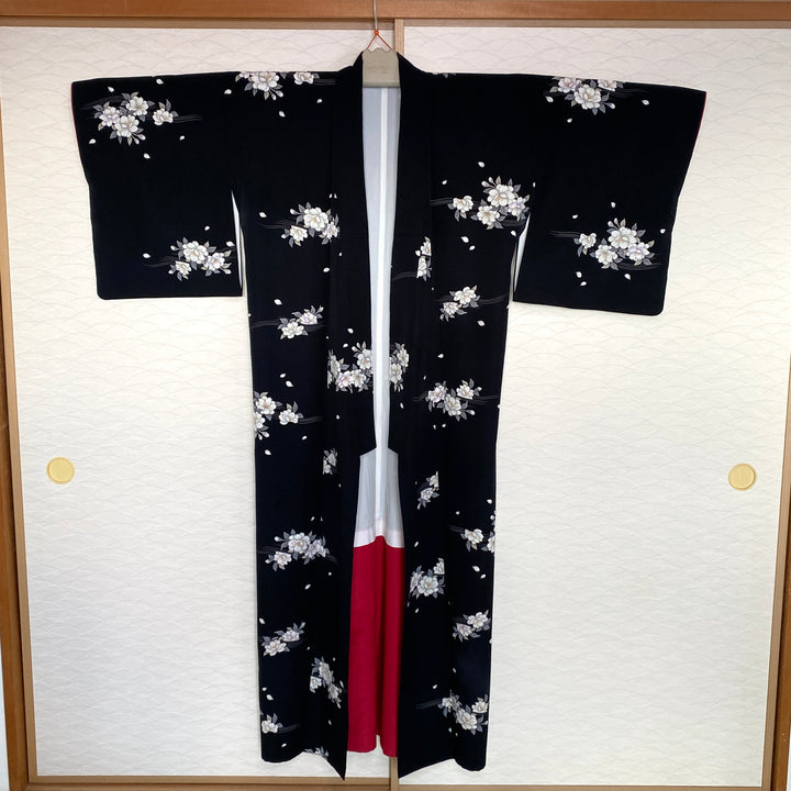Vintage Kimono | Elegant Deep Black with Flower Patterns