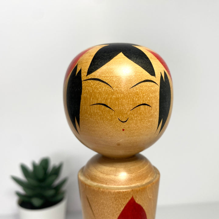 Vintage Naruko-kei Kokeshi Doll by Suzuko Satou with Red Maple Leaves Design
