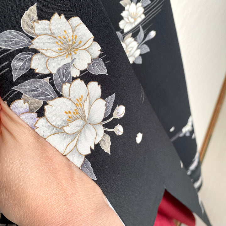 Vintage Kimono | Elegant Deep Black with Flower Patterns