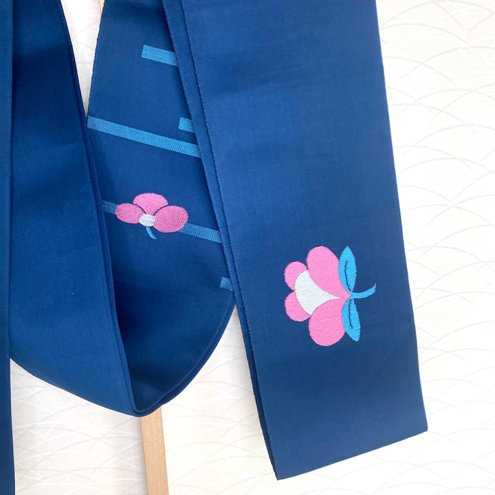 Vintage Obi Belt | Navy Blue Tsubaki Flower