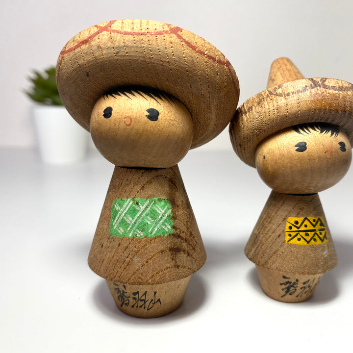 Charming Pair of Vintage Kokeshi | Wooden Hats