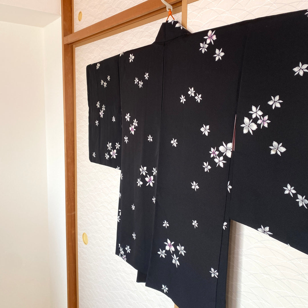 Unique Vintage Silk Haori || Perfect Deep Black - Flowers