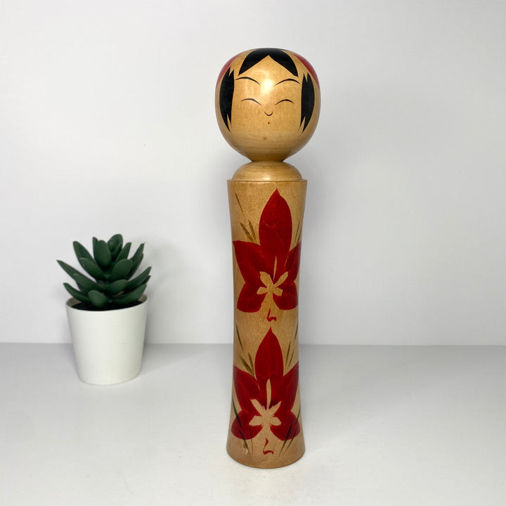 Vintage Naruko-kei Kokeshi Doll by Suzuko Satou with Red Maple Leaves Design