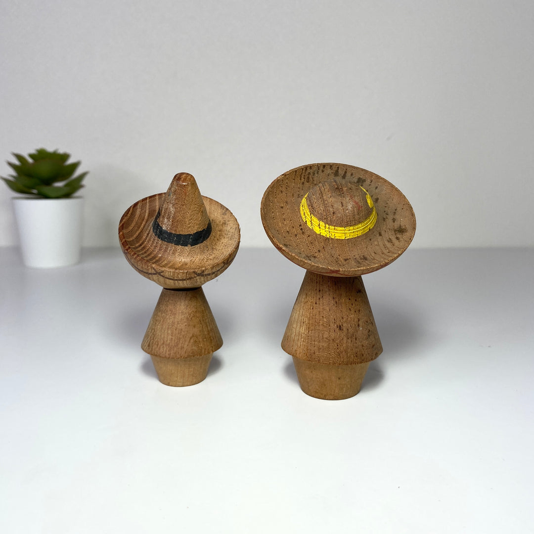 Charming Pair of Vintage Kokeshi | Wooden Hats