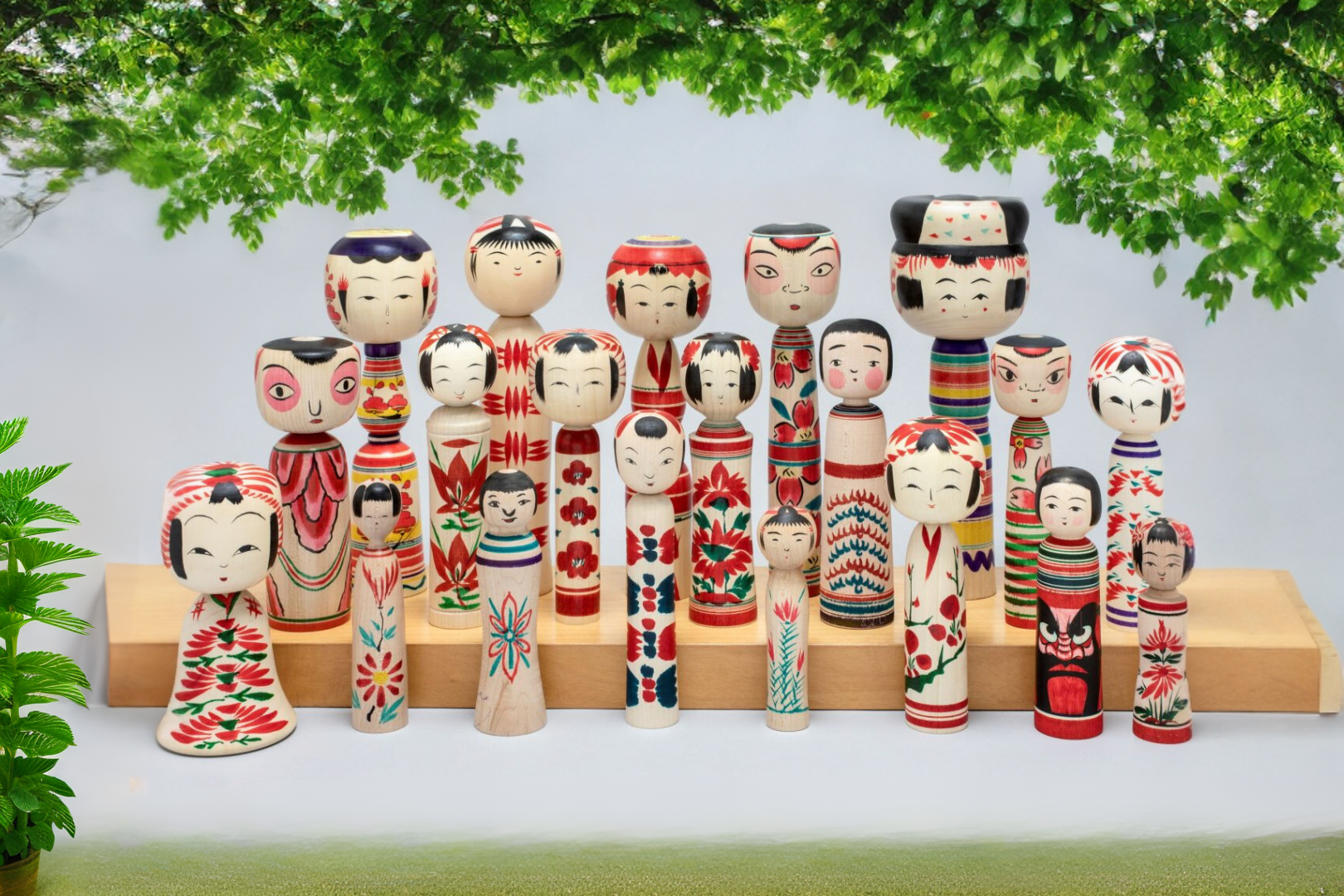 A stunning gathering of traditional kokeshi dolls, capturing the beauty of their handcrafted wooden forms and traditional motifs.
